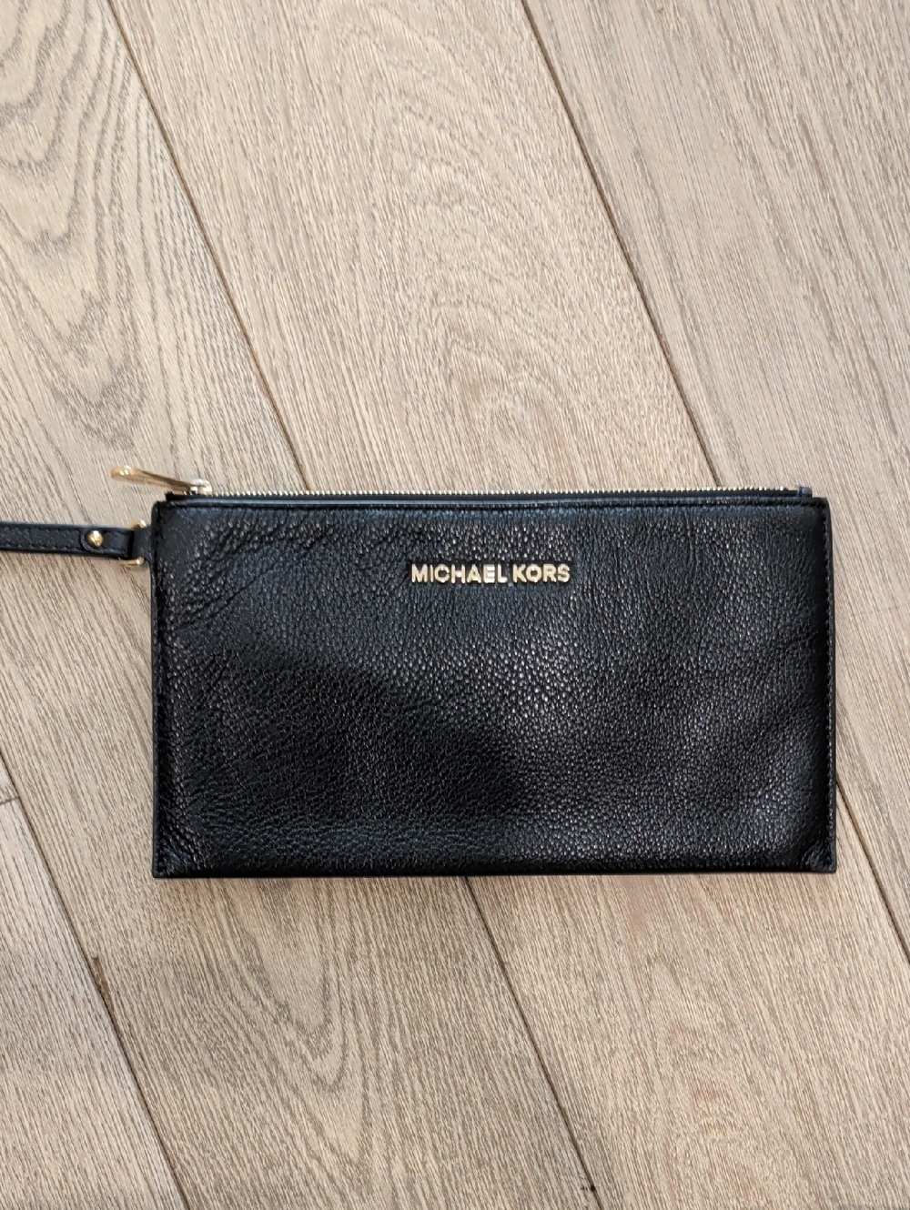Michael Kors Black Leather Wristlet with Gold Logo